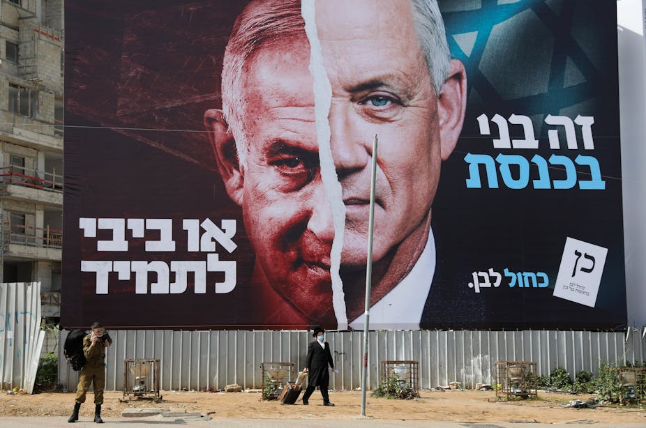 Israeli election poster showing prime minister Benjamin Netanyahu and leader of the Blue and white party Beny Gantz