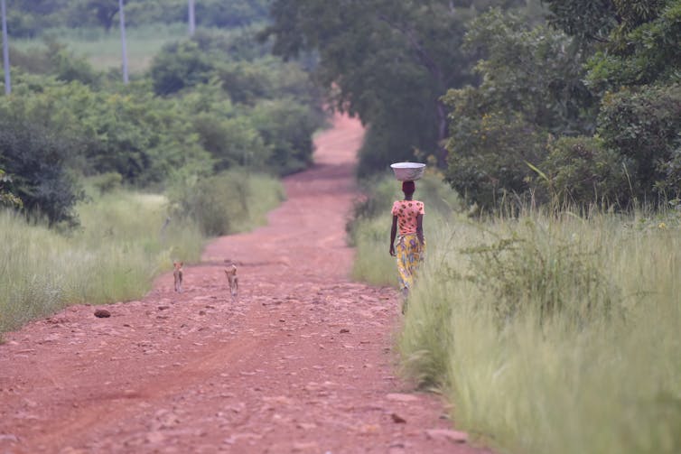 A woman walks along a road by Pendjari National Park.
