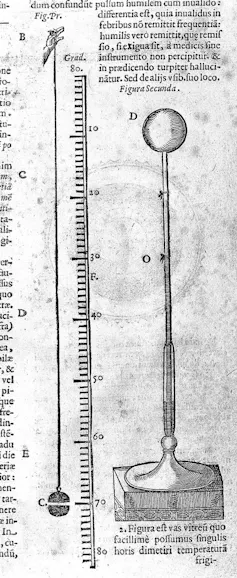 Black and white illustration of a historic thermometer.