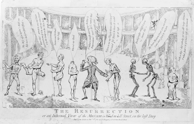 Sketch depicting revitalised skeletons and amputees searching for their missing limbs.