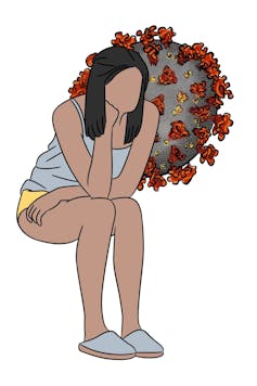 Illustration of girl sitting in a sad pose, with a coronavirus in the background