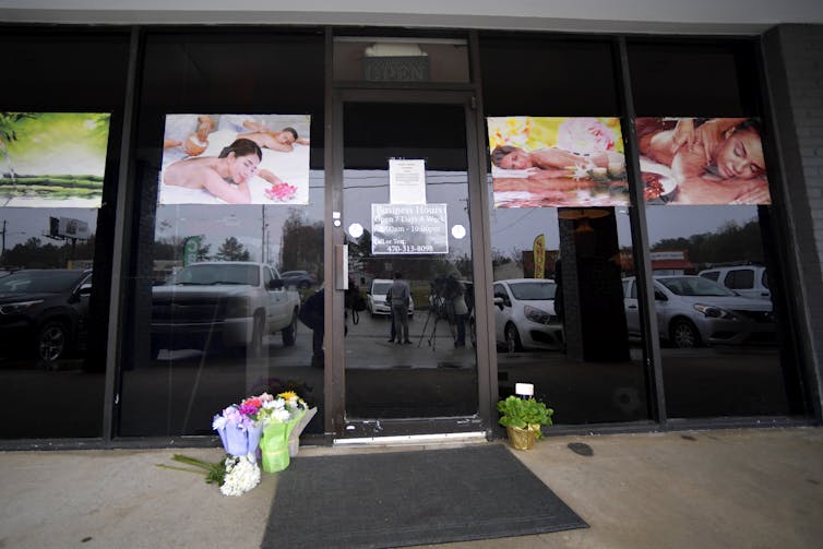 Flowers left outside a business