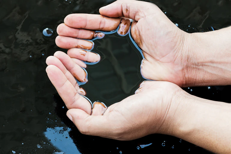 Two cupped hands holding crude oil