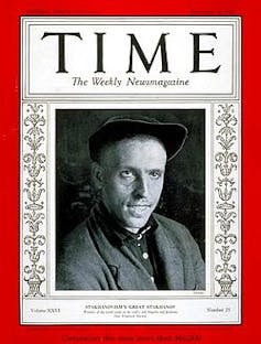 Black and white image of a man on Time magazine.