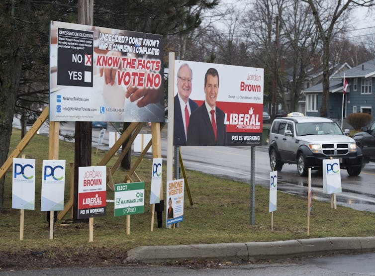 Various party election signs in a lawn