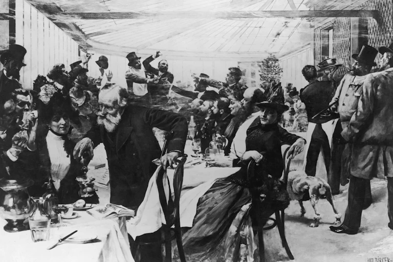 A lively crowd in a Paris cafe.