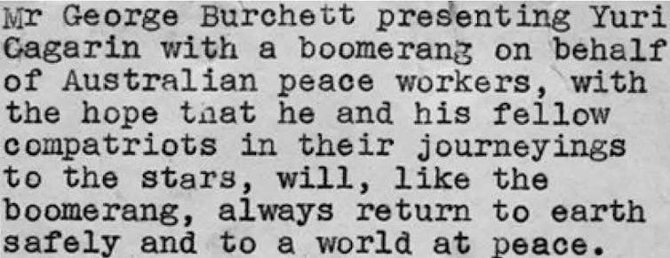 Yuri Gagarin's boomerang: the tale of the first person to return from space, and his brief encounter with Aussie culture