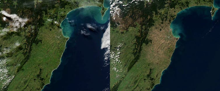 Satellite images of New Zealand, showing two years and the impact of drought.