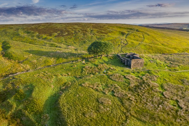 Aeiral shot of the ruins of the Top Withins farmhouse