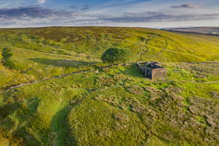 Aeiral shot of the ruins of the Top Withins farmhouse