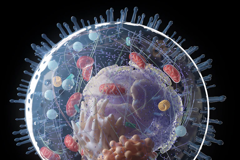 A spherical 3D rendering of a human cell, see-through with its different components arranged inside