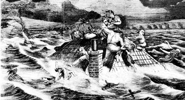 Etching of a family battling the 1867 flood in the Hawkesbury-Nepean Valley