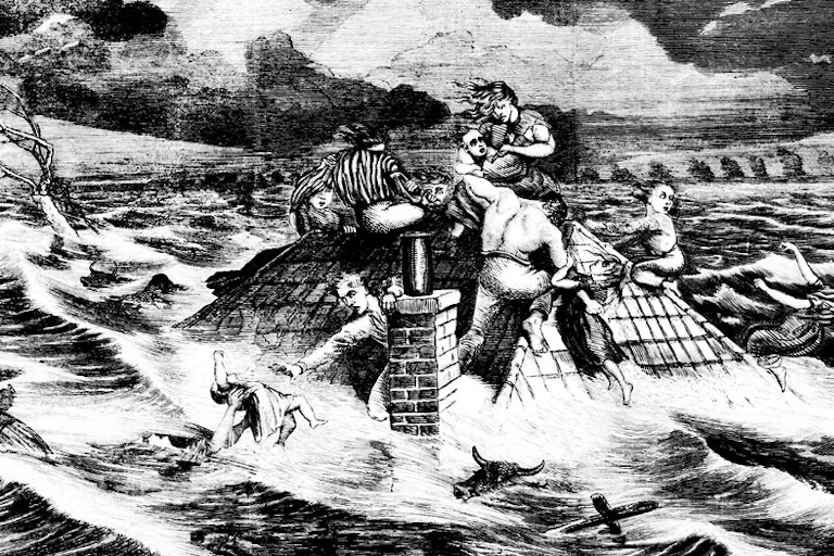 Etching of a family battling the 1867 flood in the Hawkesbury-Nepean Valley