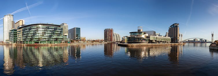 Panoramic view of Salford Quays, with BBC Manchester, Media City and Lowery theatre.