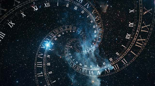 A picture of space with a a spiral of Roman clocks in front of it.