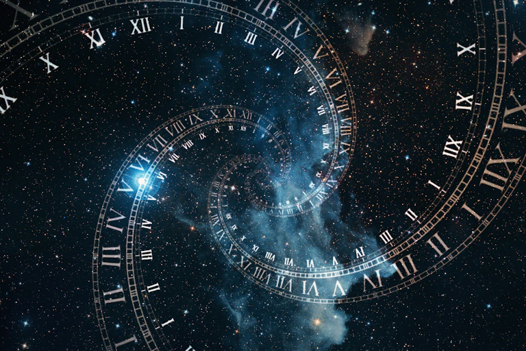A picture of space with a a spiral of Roman clocks in front of it.