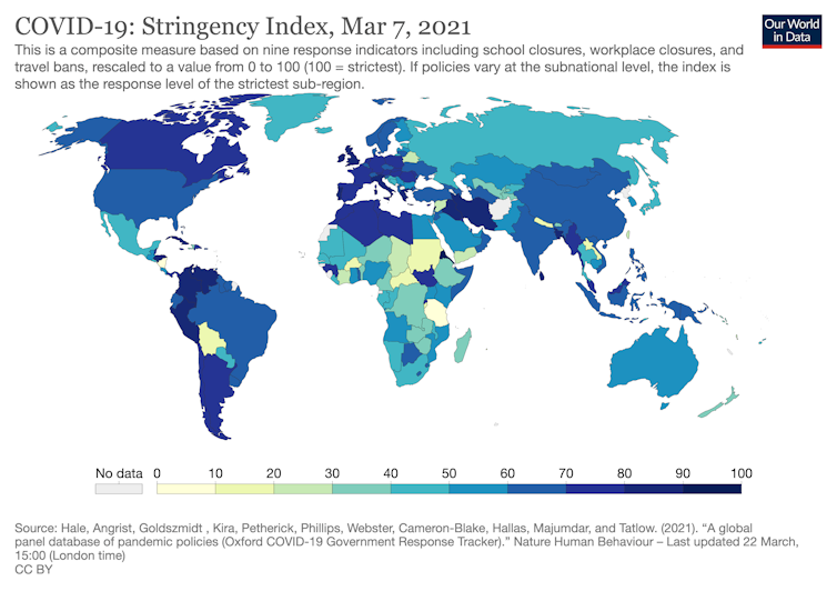 A map showing the relative strictness of COVID-19 measures in each country in March 2020.