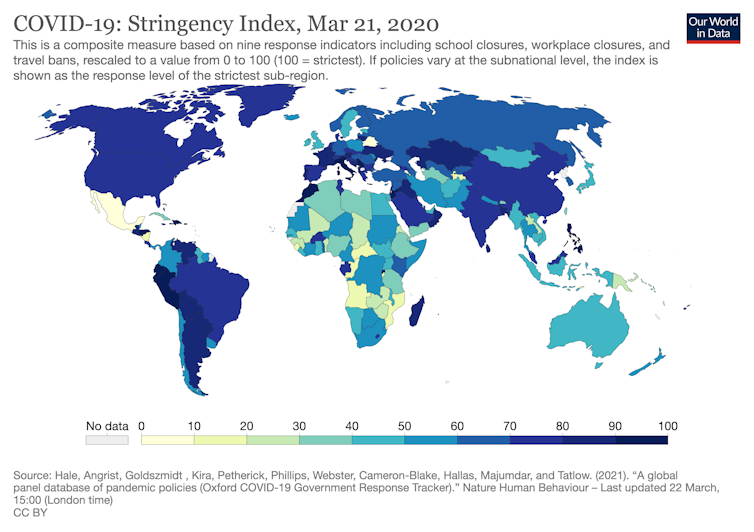 A map showing the relative strictness of COVID-19 measures in each country in March 2020.