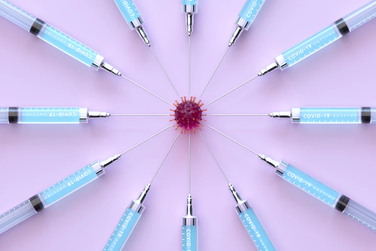Multiple syringes sticking into a coronavirus particle