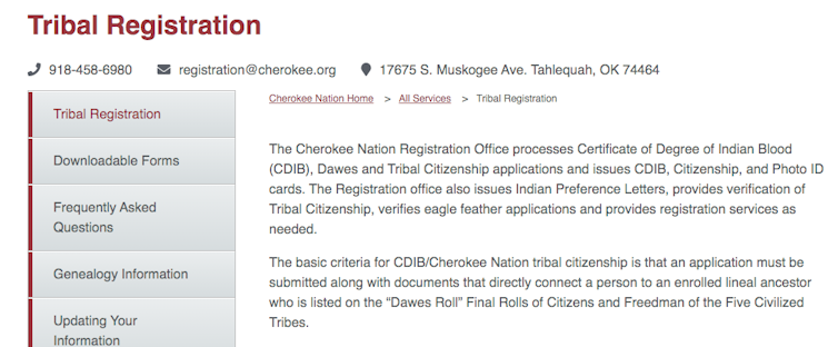 Information from the Cherokee Nation on how to register as a tribal citizen.