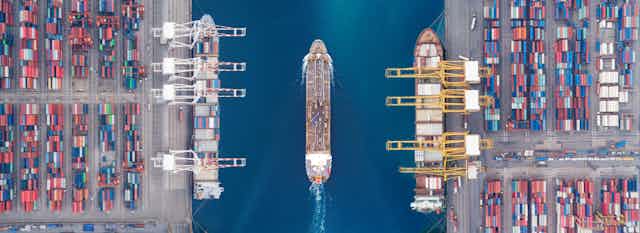 Aerial view of ships in a port