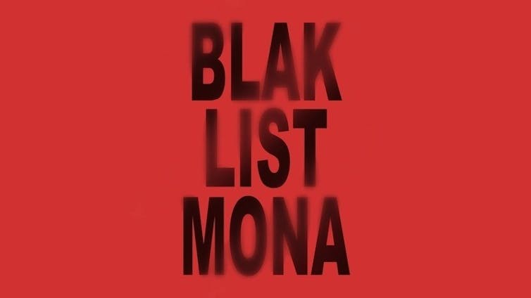 Black text on red background reads: 'black list mona'.