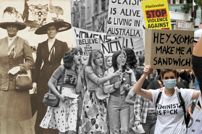 Women of the suffragette movement in early 1900s with a group of women protestors holding signs in the 1970s, and 2021
