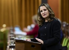 Chrystia Freeland gestures while speaking in the House of Commons