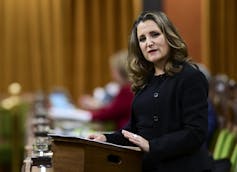 Chrystia Freeland gestures while speaking in the House of Commons
