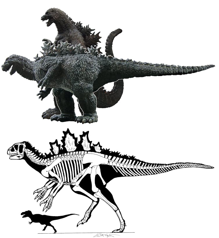 A comparison between an upright Godzilla and a horizontal Godzilla.