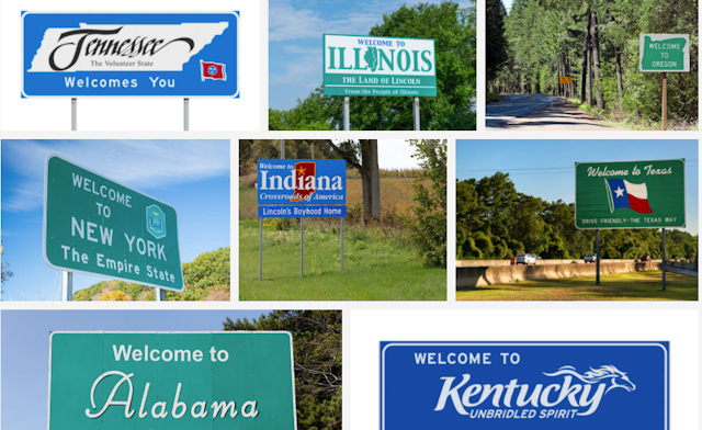 A collection of state welcome signs