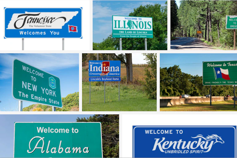 A collection of state welcome signs