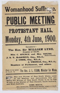 Pamphlet reads: 'Womanhood suffrage. Public meeting. Protestant hall, Monday, 4th June, 1990.'