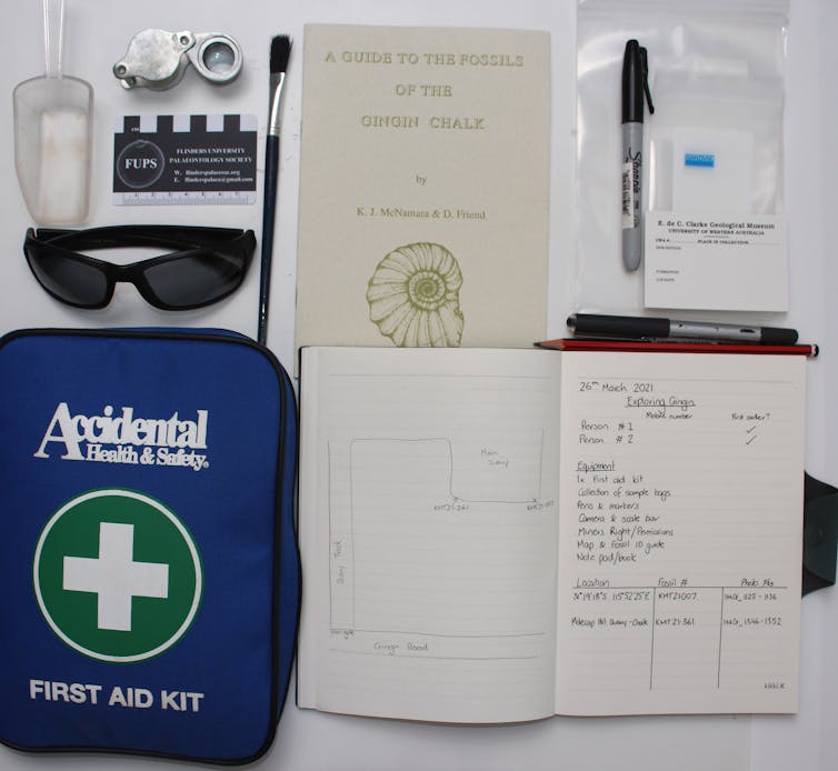Collection of items required for conducting palaeontological fieldwork, laid flat. A first aid kit, notebook and pens, scale bar, sample bags and guide to the fossils in the area.