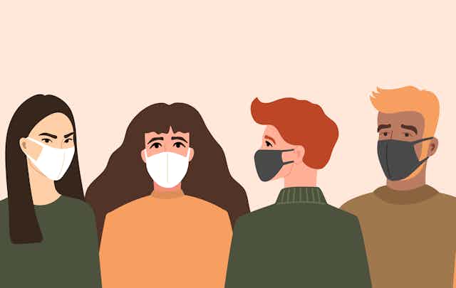 Illustration of men and women wearing face masks