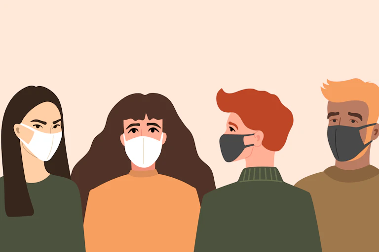Illustration of men and women wearing face masks