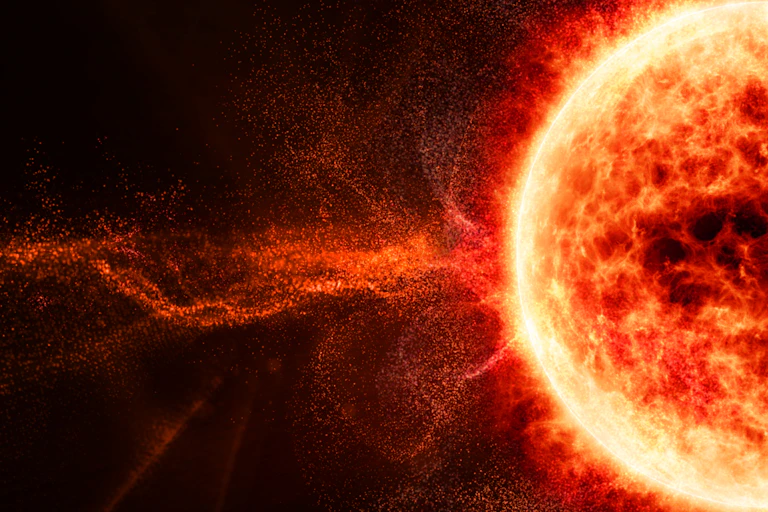 An illustration of a solar flare coming out from the Sun.