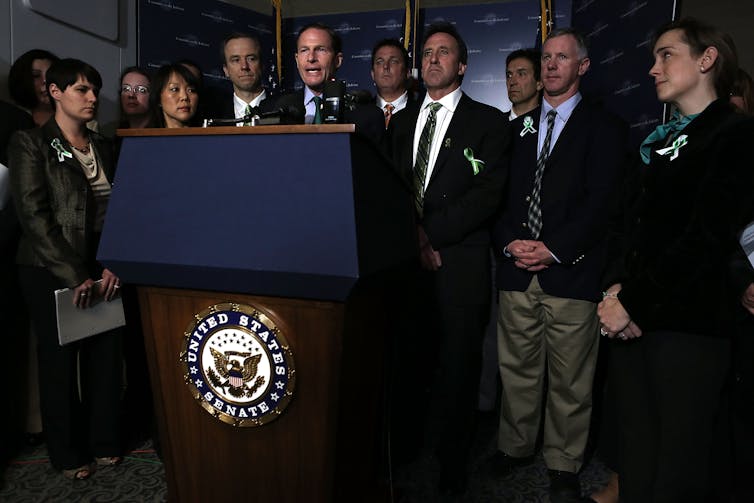 A Democratic senator and Sandy Hook parents and teachers at a press conference in the US Capitol in 2013.