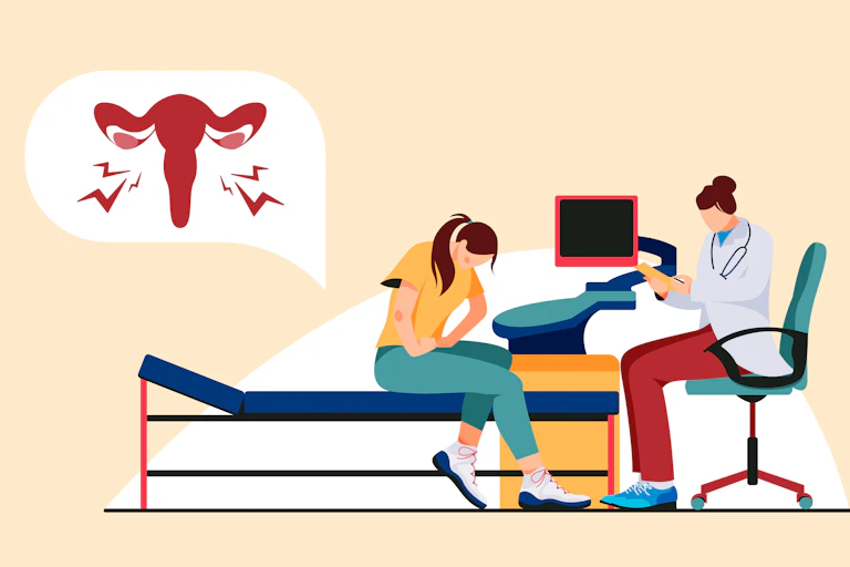 A digital drawing of a woman in pain speaking to her doctor about her endometriosis symptoms.