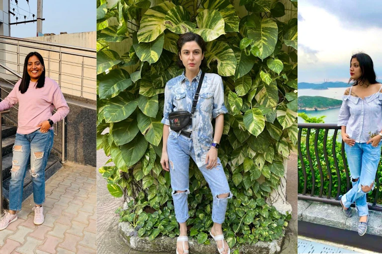 A collage of three women wearing ripped jeans.