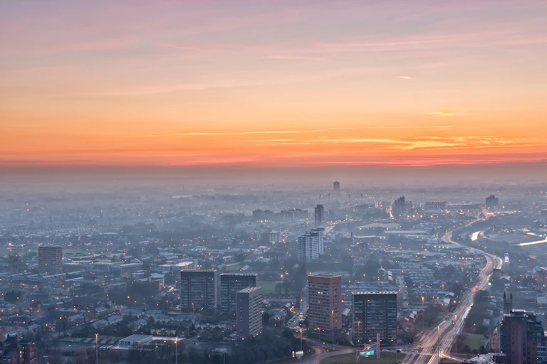 City at sunset viewed from above