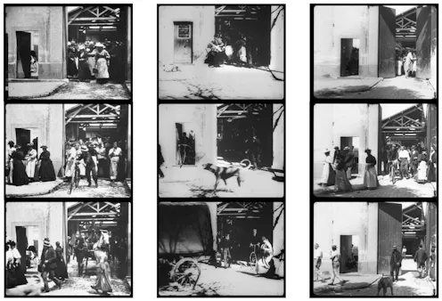 Fotogramas de tres versiones de la película _Salida de los obreros de la fábrica Lumière_, rodadas por los hermanos Lumiere en 1895 y 1996. Wikimedia Commons / Manuel Schmalstieg