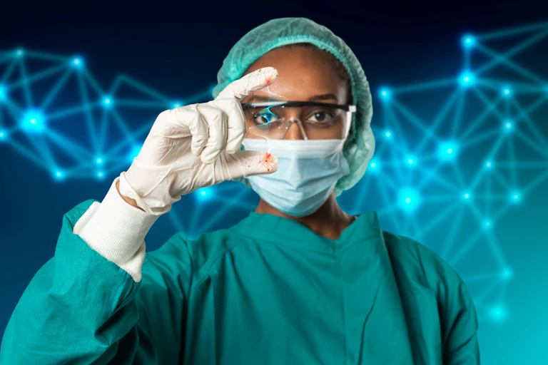 A doctor with digitized backdrop.
