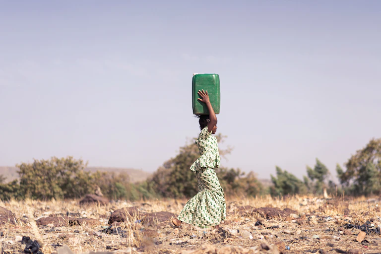 A girl carries water through dry landscape