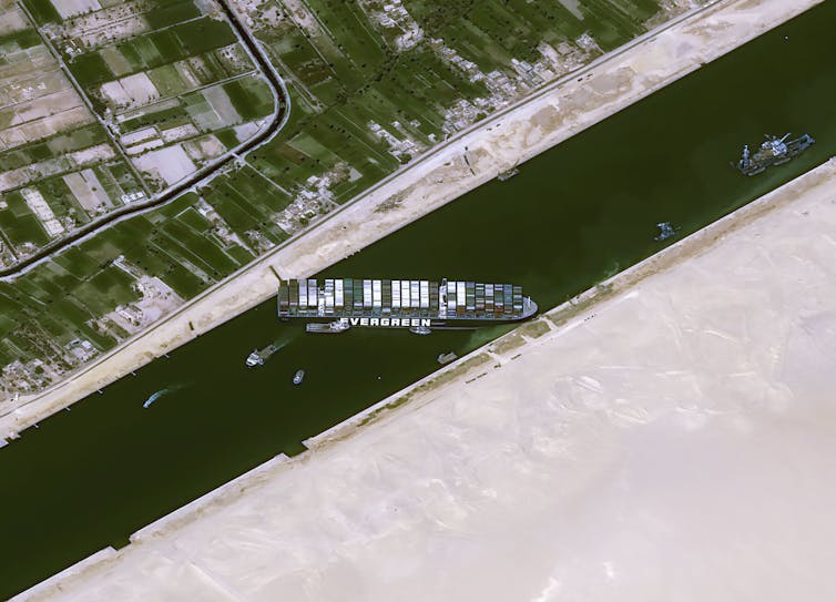 The MV Ever Given has completely blocked the Suez Canal. Cnes2021 / Distribution Airbus DS