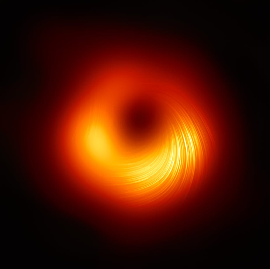 Image of a black hole imaged in polarised light, revealing its magnetic fields.