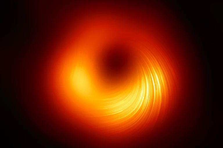 Image of a black hole imaged in polarised light, revealing its magnetic fields.