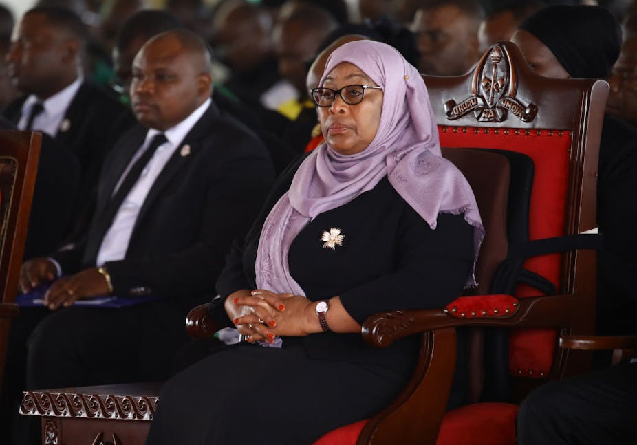President Samia Suluhu Hassan attends the funeral of his predecessor president John Magufuli 