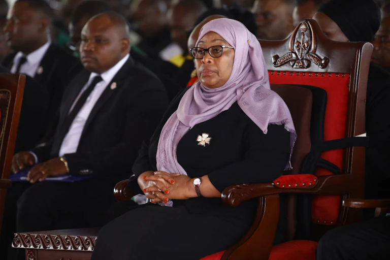 President Samia Suluhu Hassan attends the funeral of his predecessor president John Magufuli