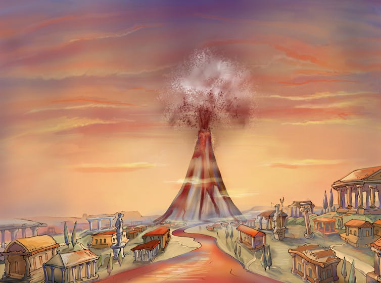 An illustration of the volcano Vesuvius erupting with small buildings in the foreground.